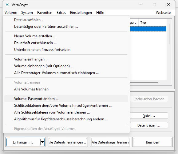 Veracrypt Menüleiste