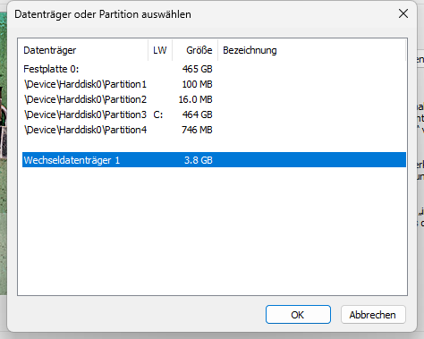 Laufwerk bzw Partition auswählen