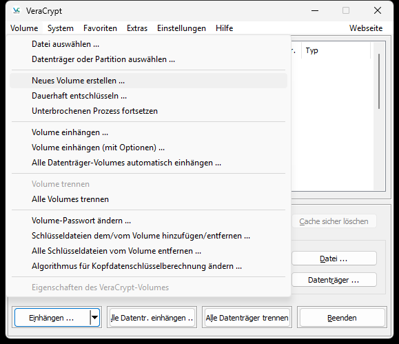 Menüleiste Neues Volume erstellen
